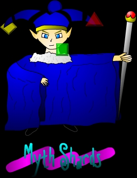 A magician named Myth surrounded by magic crystals.