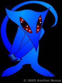 A drawing of the blue Azulian trying to look adorable.